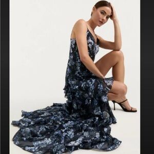 CINQ A SEPT Coastal Floral Glenda Cascading Ruffle Lurex Metallic Dress 12 NWT